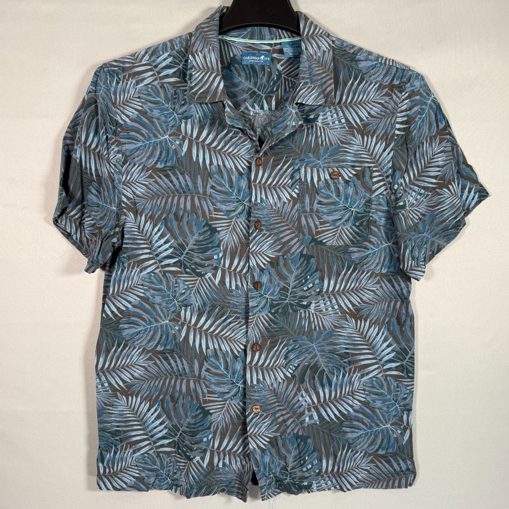 Caribbean Joe Hawaiian Tropical Shirt Men S Blue Button Up‎ Short Sleeve